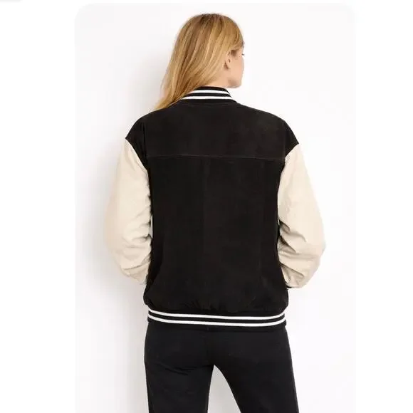 Vintage Cellini Genuine Suede Oversized Varsity Jacket In Black And Cream